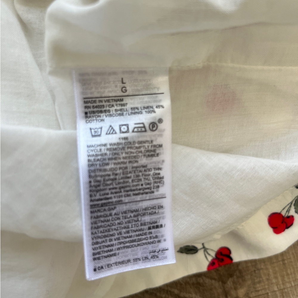 NWT GAP Linen Blwnd Cap Sleeve Mini Dress Back Zip Sz L CHERRIES off white $60 - Picture 8 of 12